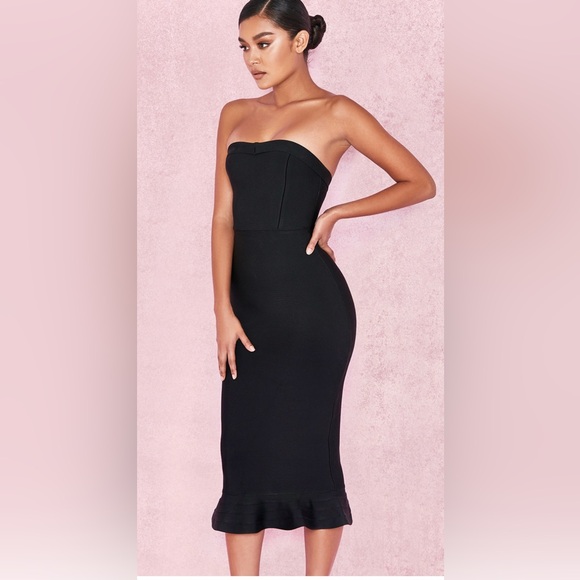 NWT - House Of CB London FABRIZIA 
BLACK BANDAGE STRAPLESS FLUTED-HEM DRESS - Picture 2 of 9